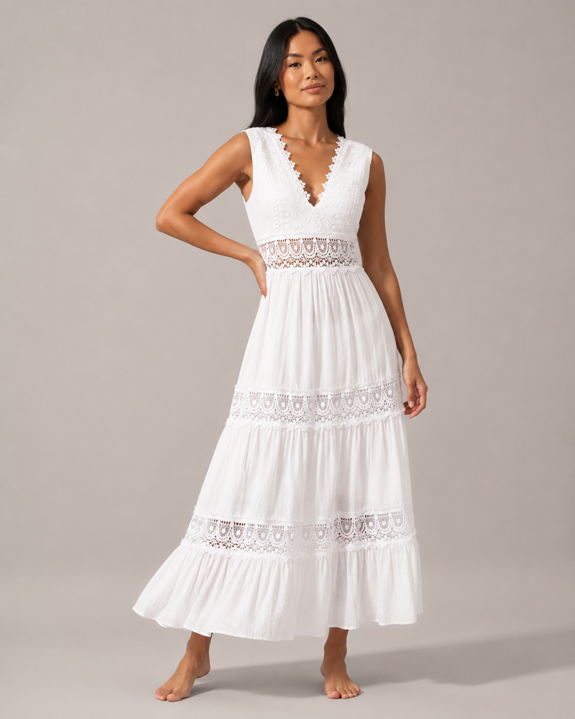 Serafine | V-Neck Lace Detail Midi Dress