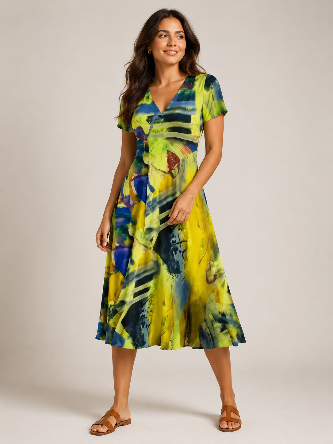 Marlowe | Abstract Print V-Neck Midi Dress