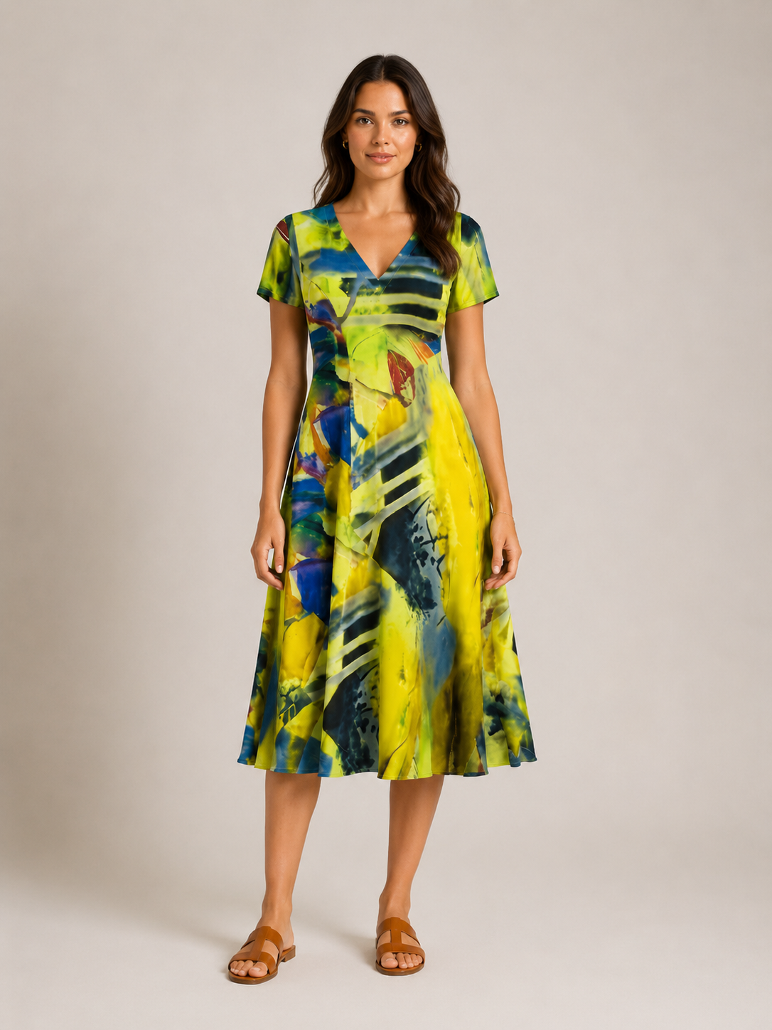 Marlowe | Abstract Print V-Neck Midi Dress