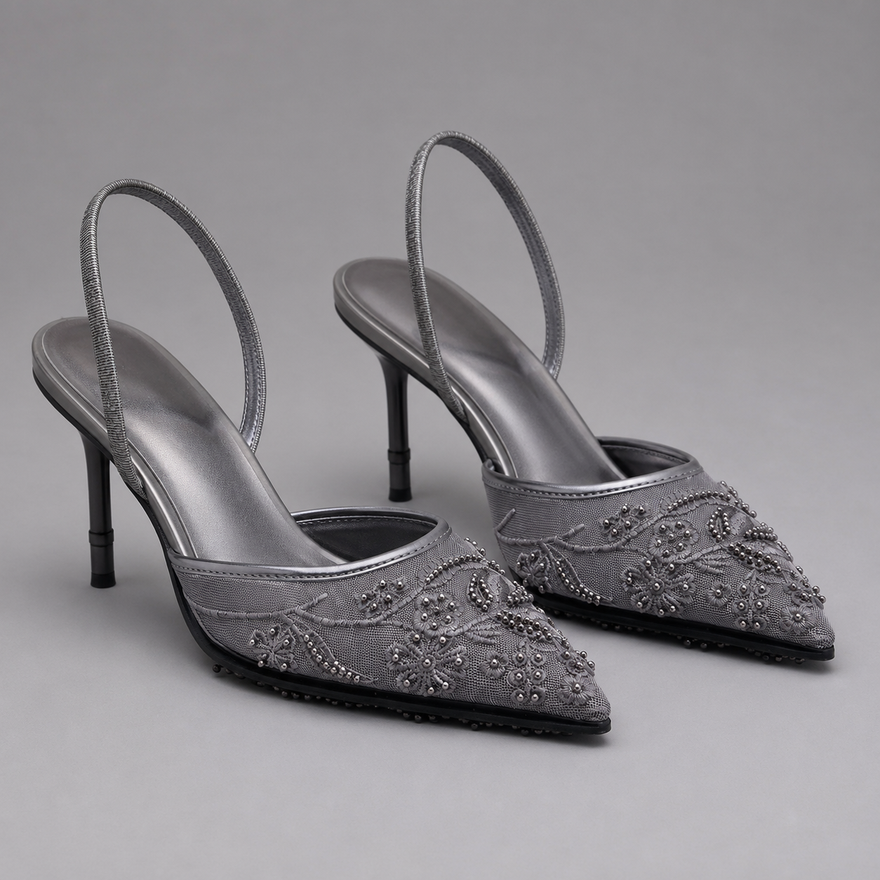 Leona | Embroidered Mesh Kitten Heel Slingbacks
