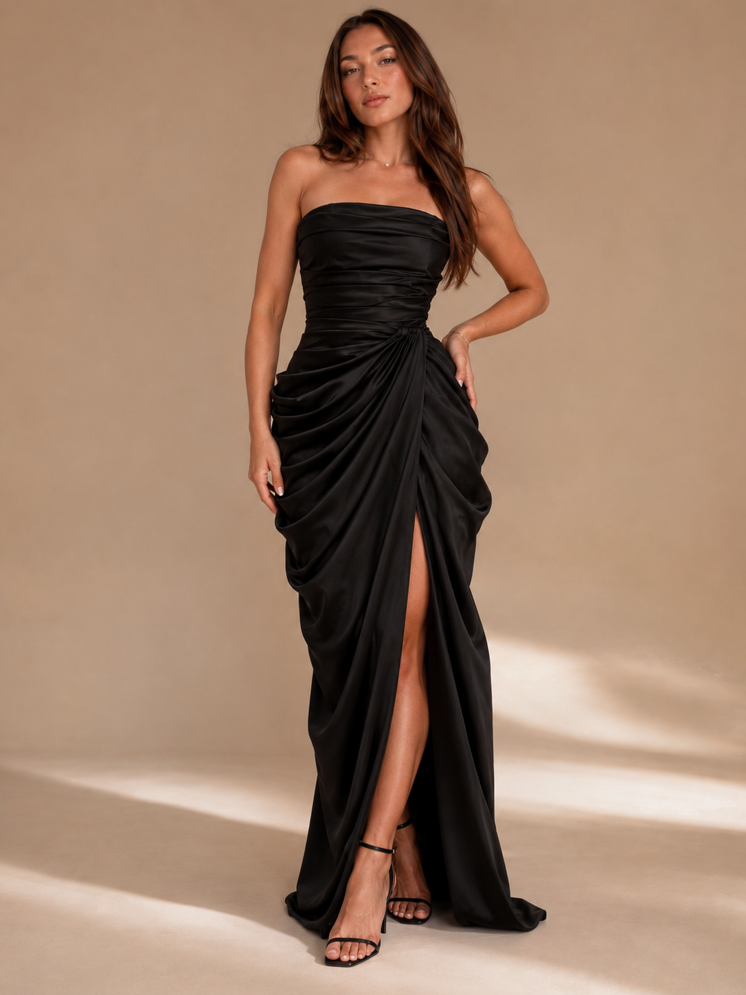 Everly | Strapless Draped Split Maxi Dress