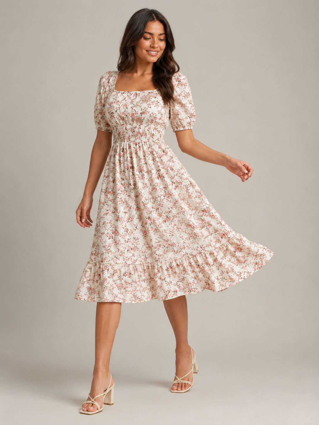 Sloane | Floral Smocked Square Neck Midi Dress