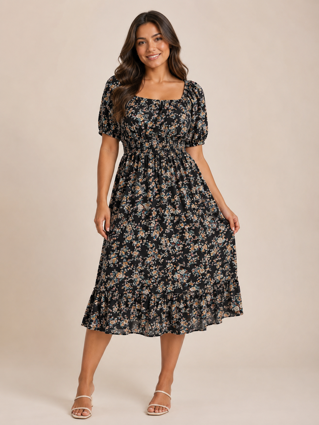 Sloane | Floral Smocked Square Neck Midi Dress