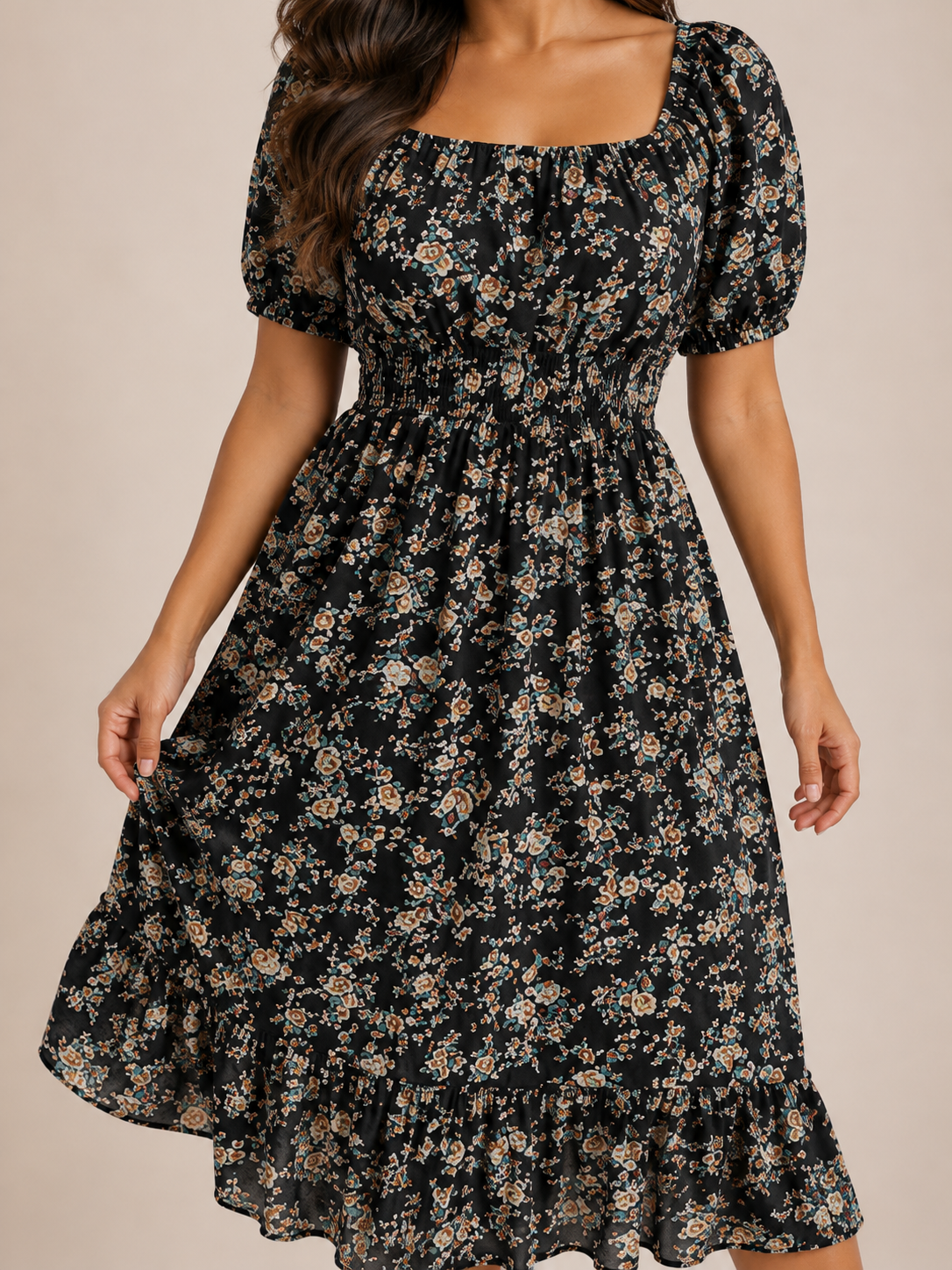 Sloane | Floral Smocked Square Neck Midi Dress
