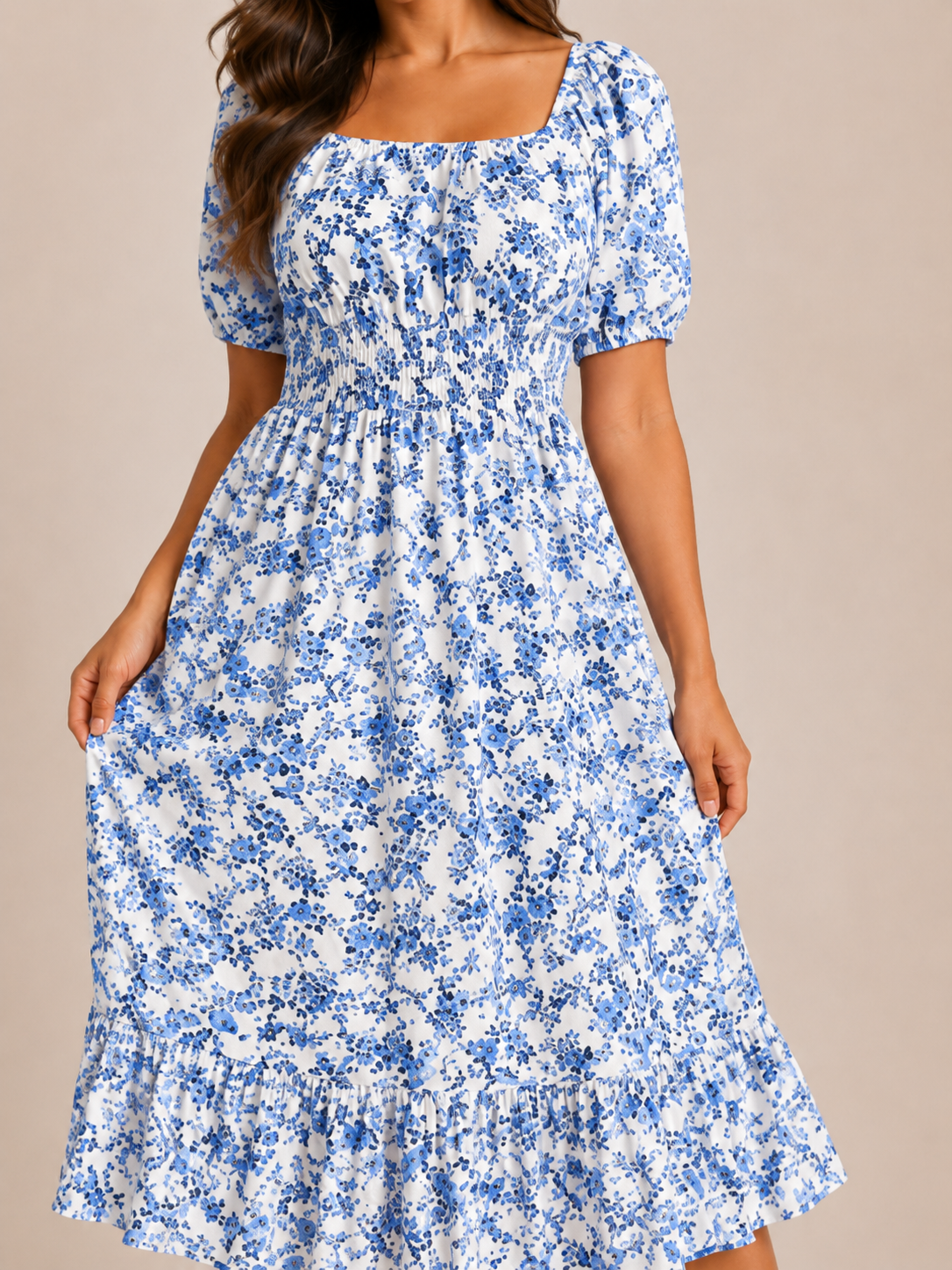 Sloane | Floral Smocked Square Neck Midi Dress