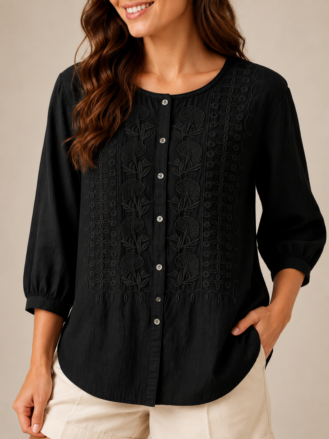 Hadley | Embroidered Button-Front Blouse