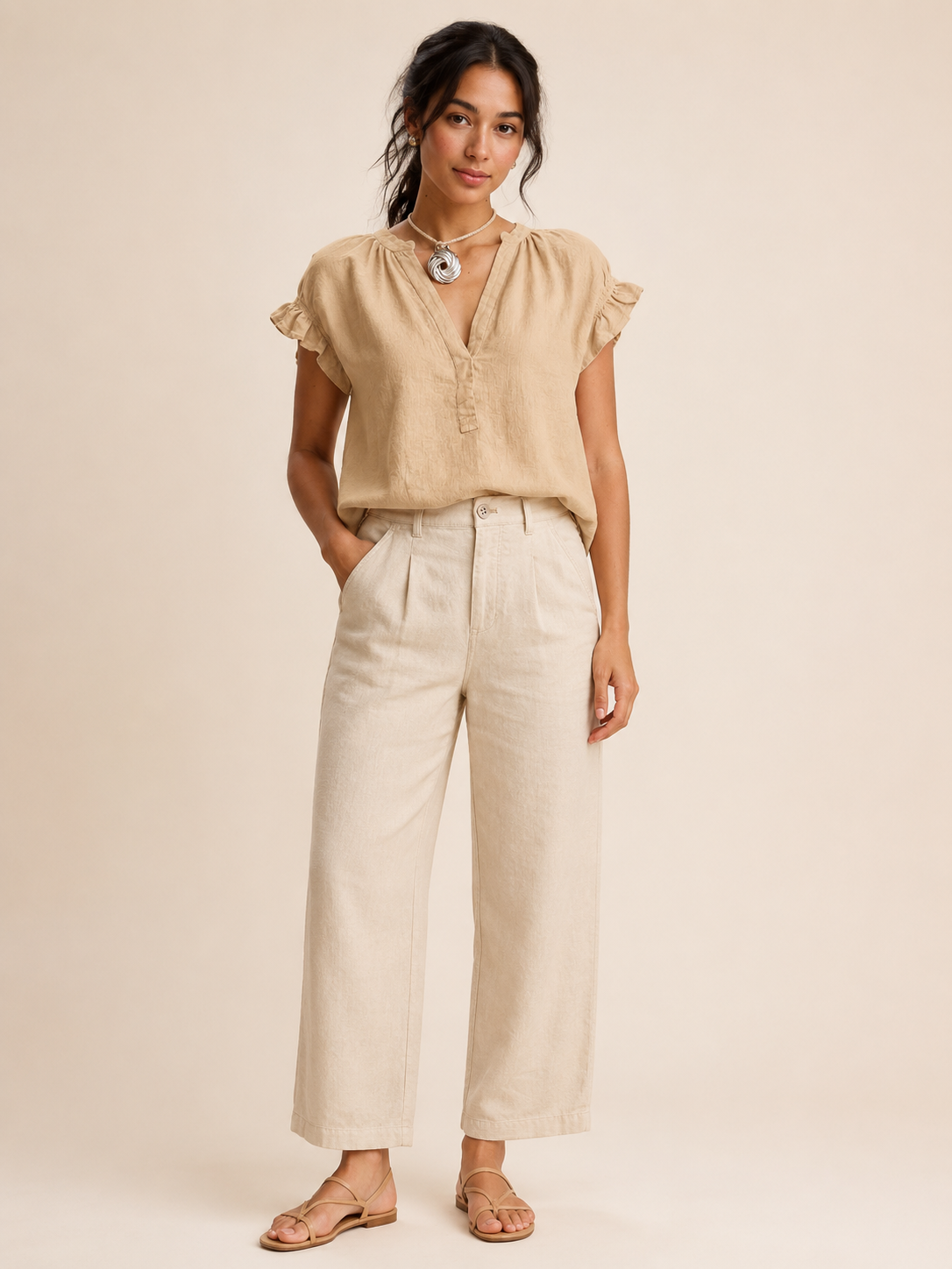Ines | V-Neck Flared Sleeve Linen-Blend Blouse