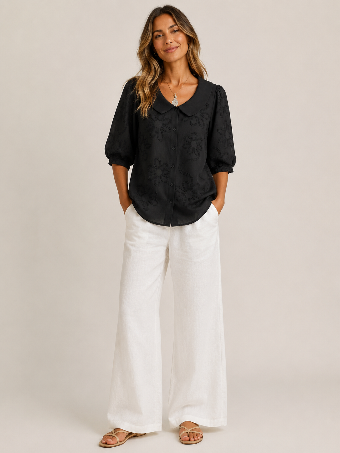 Vera | Floral Embroidered Round Collar Blouse