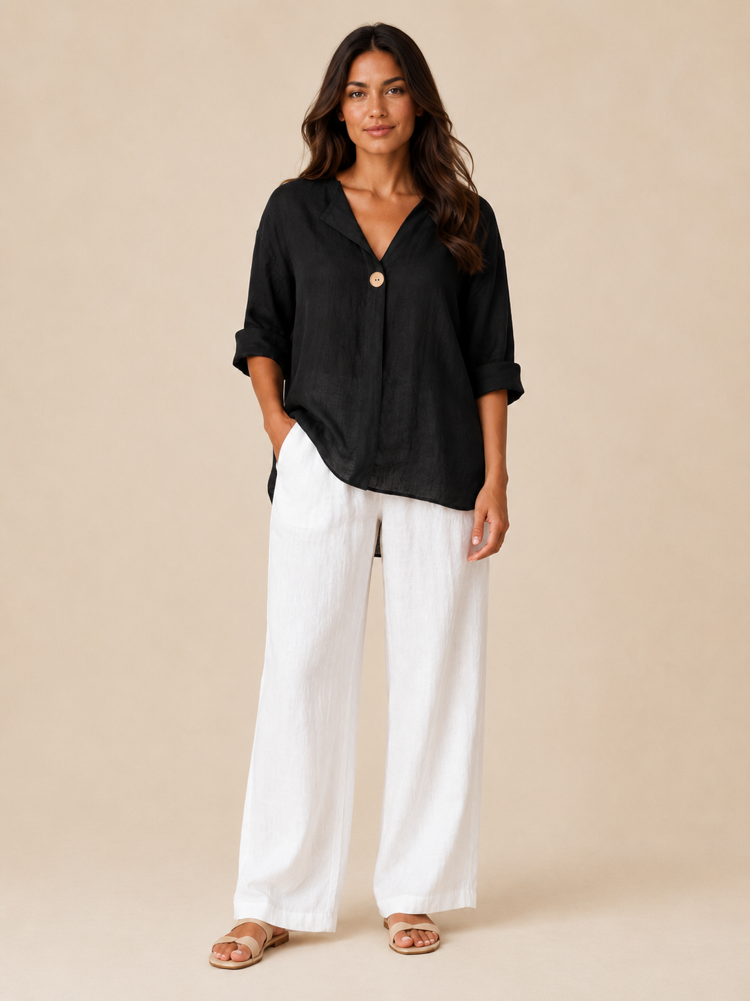 Orla | 3/4 Sleeve Open Collar Linen-Look Blouse