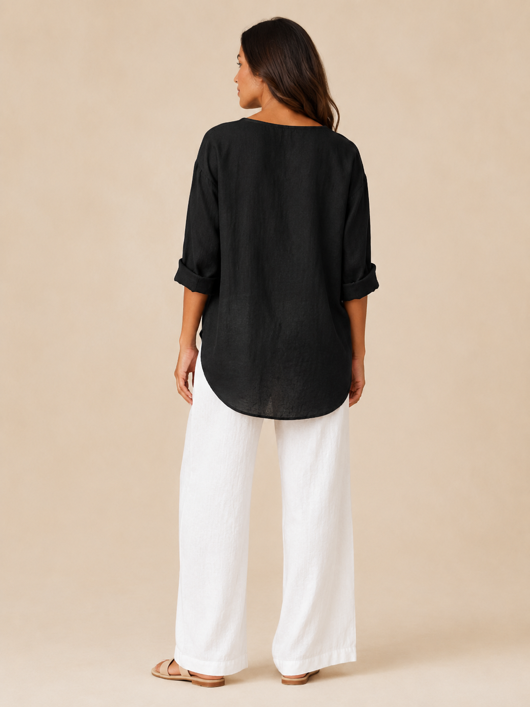Orla | 3/4 Sleeve Open Collar Linen-Look Blouse