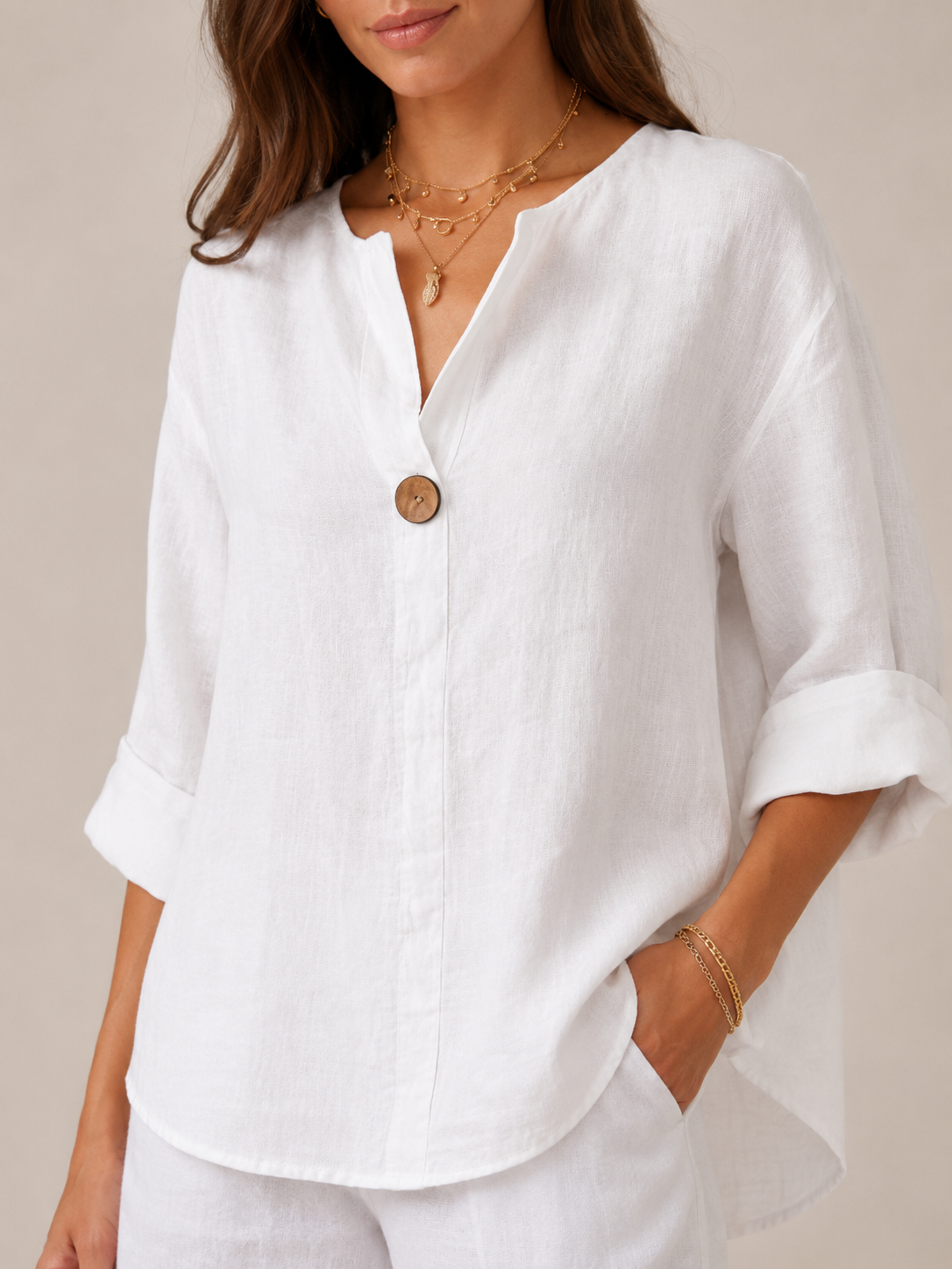 Orla | 3/4 Sleeve Open Collar Linen-Look Blouse