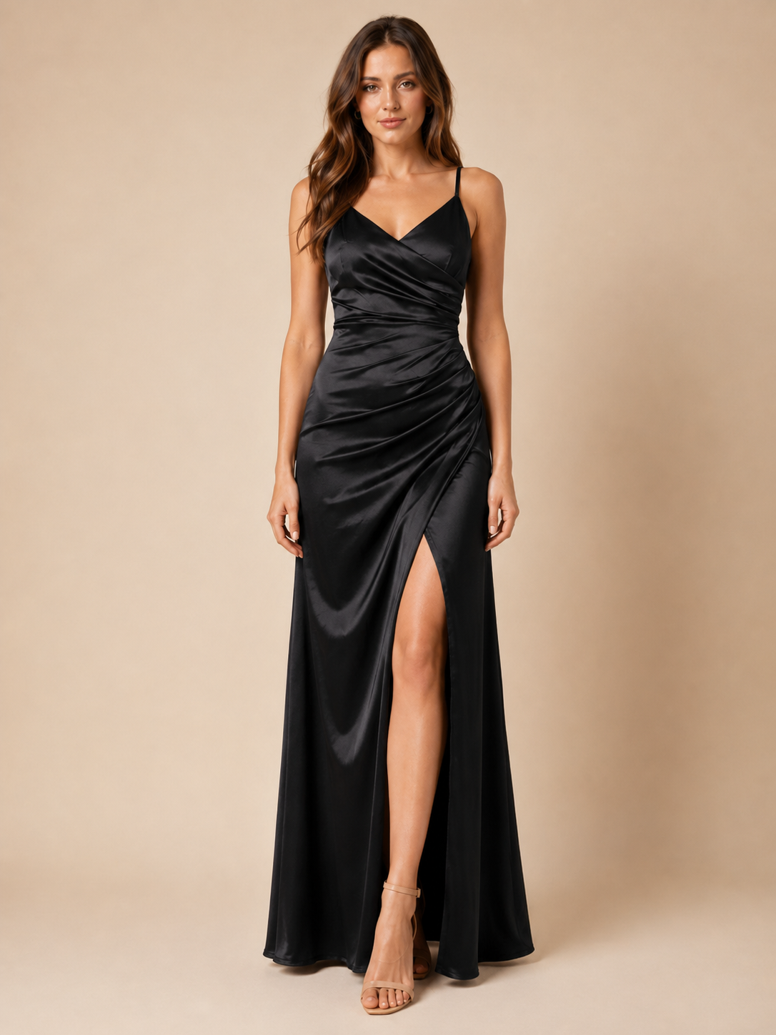 Nina | V-Neck High Split Satin-Look Midi Dress