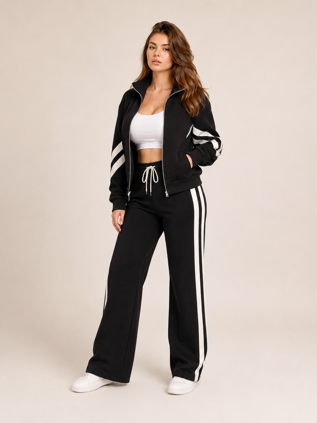 Savra | Contrast Stripe Knit Two-Piece Tracksuit Set