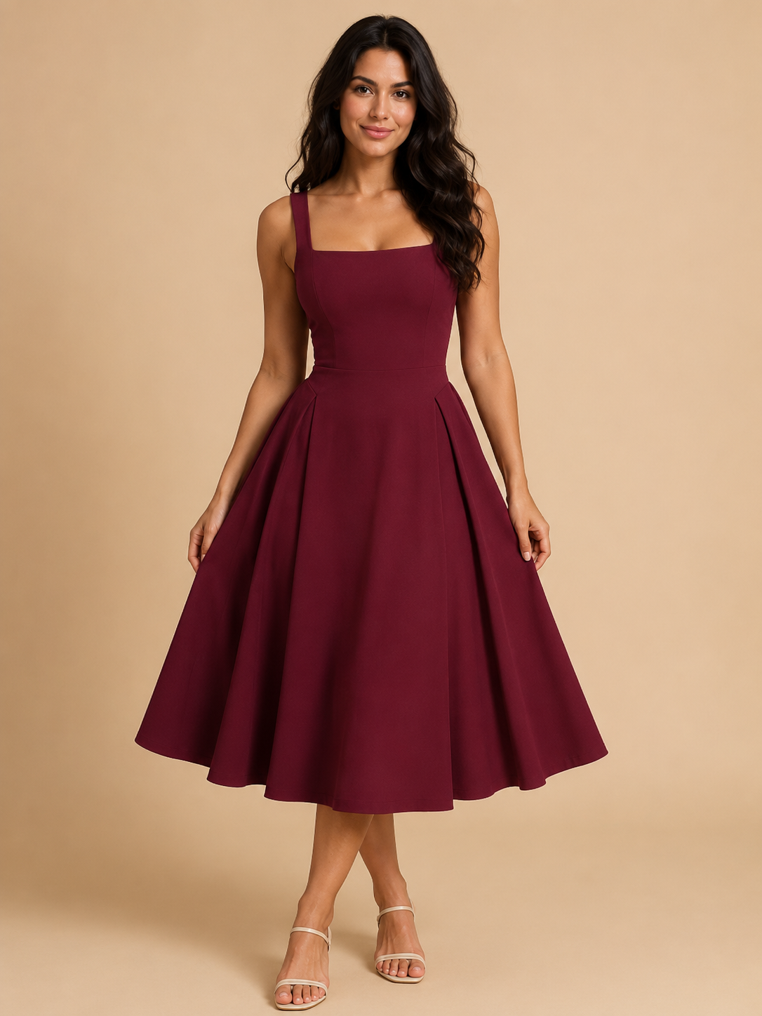 Ines | Square Neck Flared Midi Dress