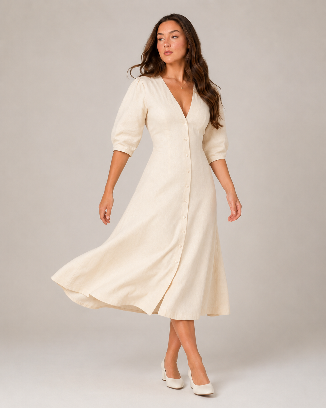 Peyton | Button-Front V-Neck Midi Dress
