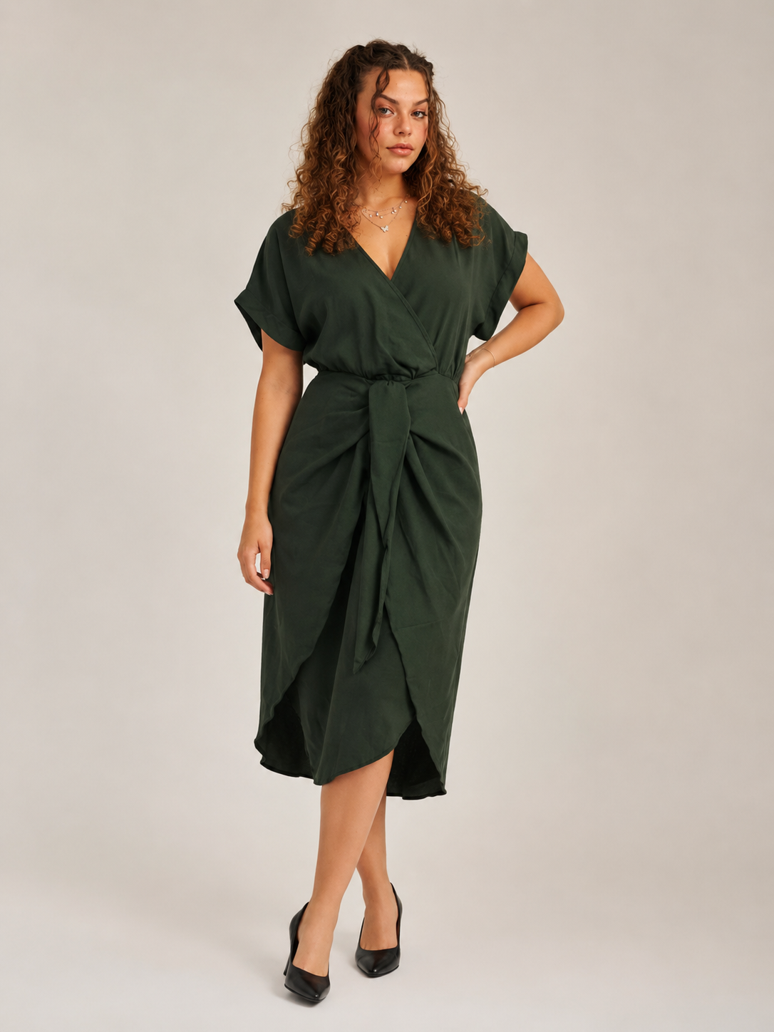 Della | Wrap Belted Emerald Green Midi Dress
