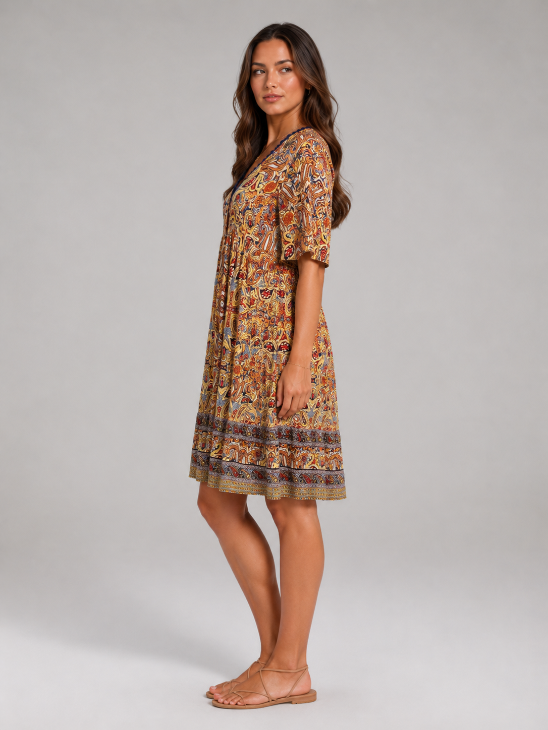 Priya | V-Neck All Over Print Boho Mini Dress