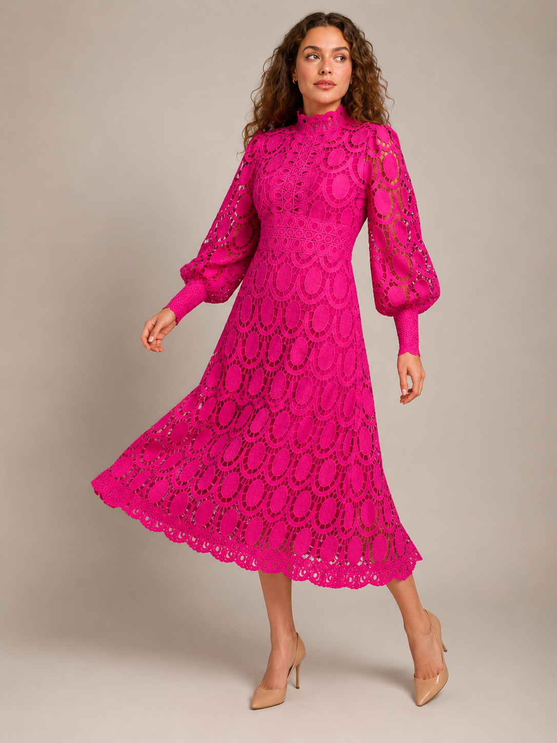 Imogen | Long Sleeve Lace Midi Dress with High Collar