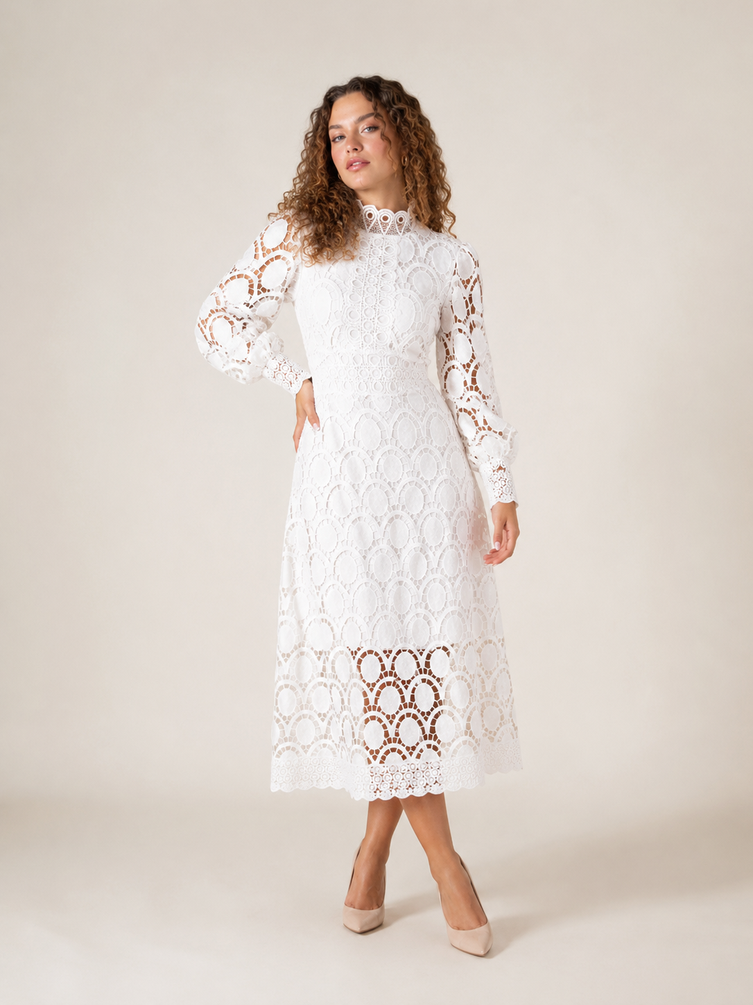 Imogen | Long Sleeve Lace Midi Dress with High Collar