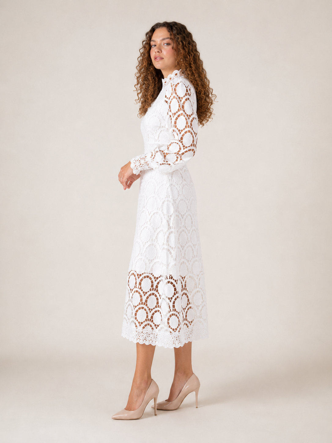 Imogen | Long Sleeve Lace Midi Dress with High Collar