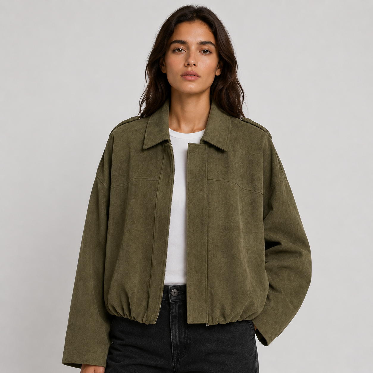 Mabel | Collared Faux Suede Bomber Jacket