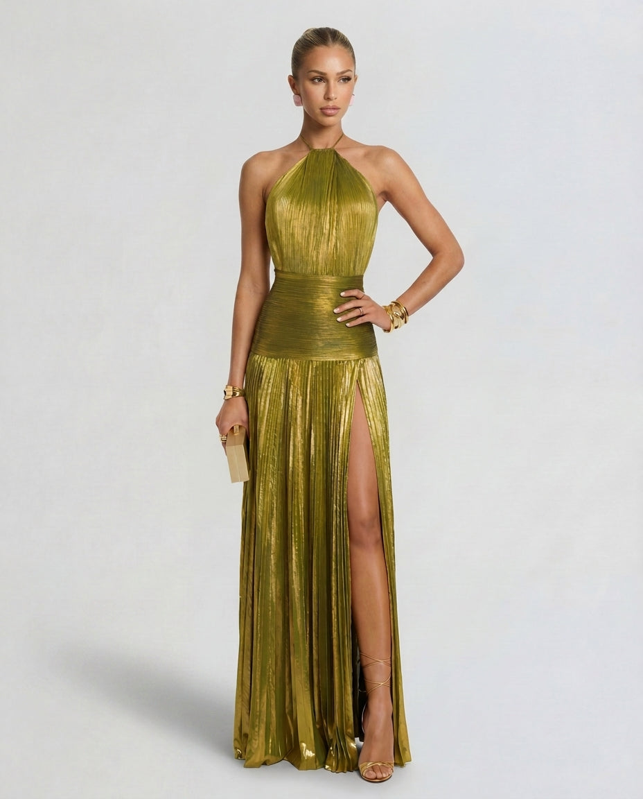 Wren | Halter Neck Pleated High Split Maxi Dress