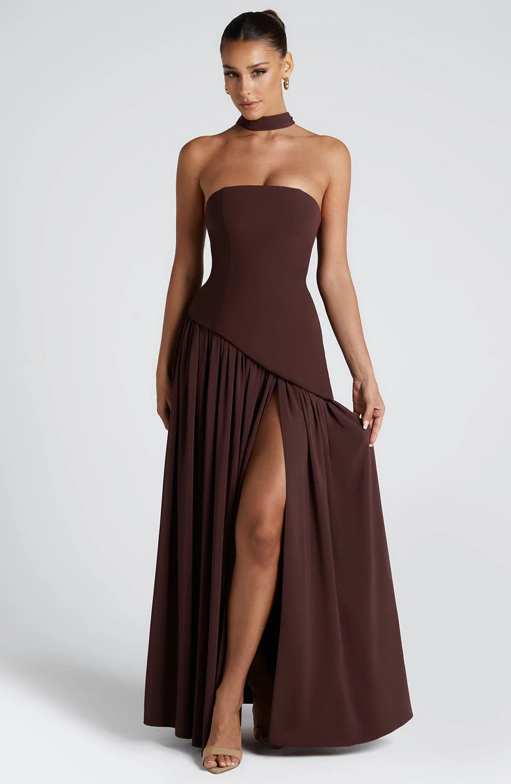 Crimson Allure | Strapless Maxi Gown with Matching Scarf