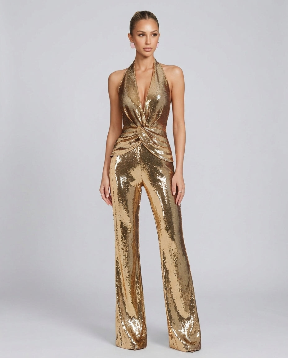 Emerson | Sleeveless Twisted Front Metallic Jumpsuit