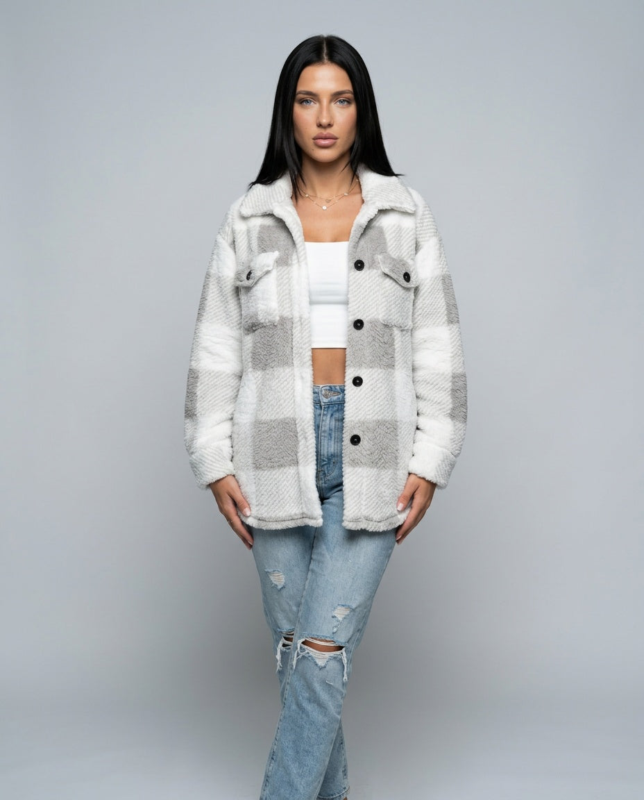 Piper | Check Print Button Front Sherpa Jacket