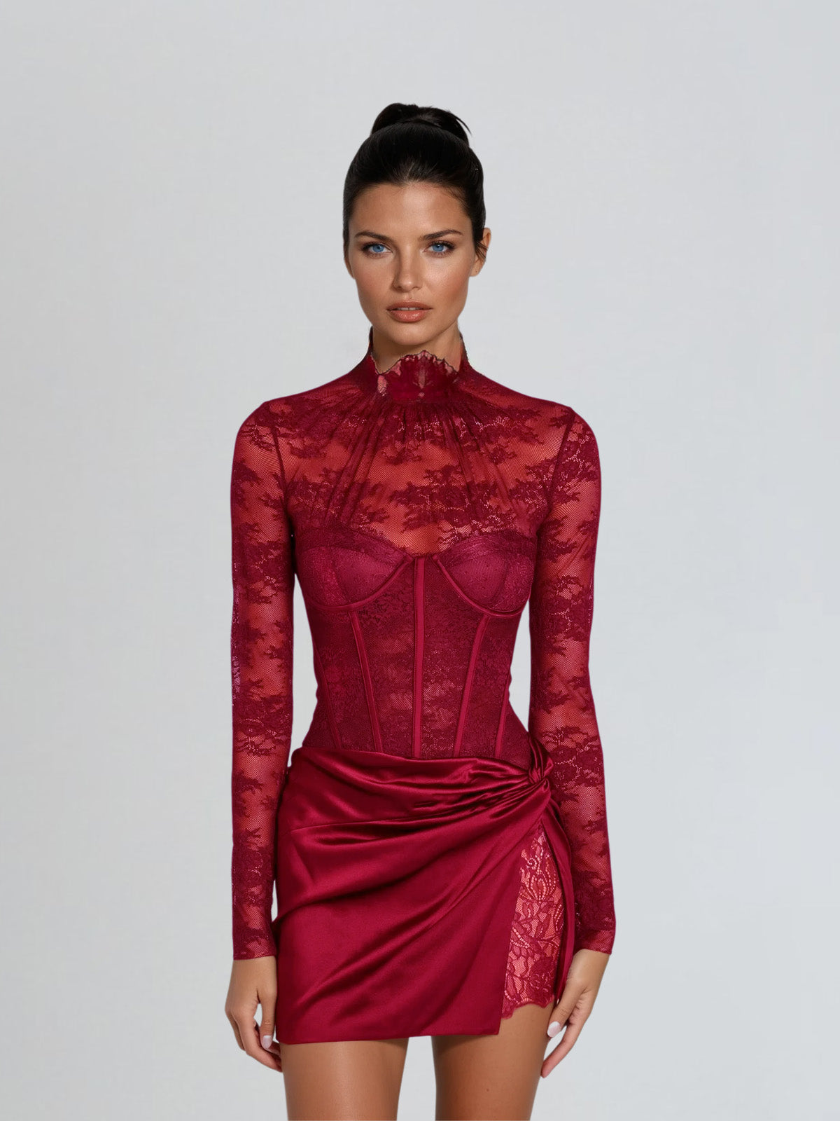 Adeline | Stand Collar Lace Midi Dress