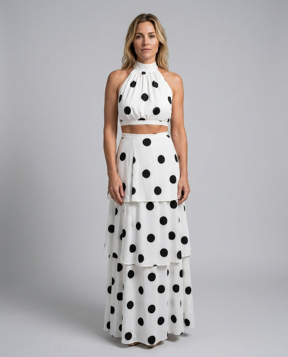 Lysa | Polka Dot Halter Top & Tiered Maxi Skirt Set