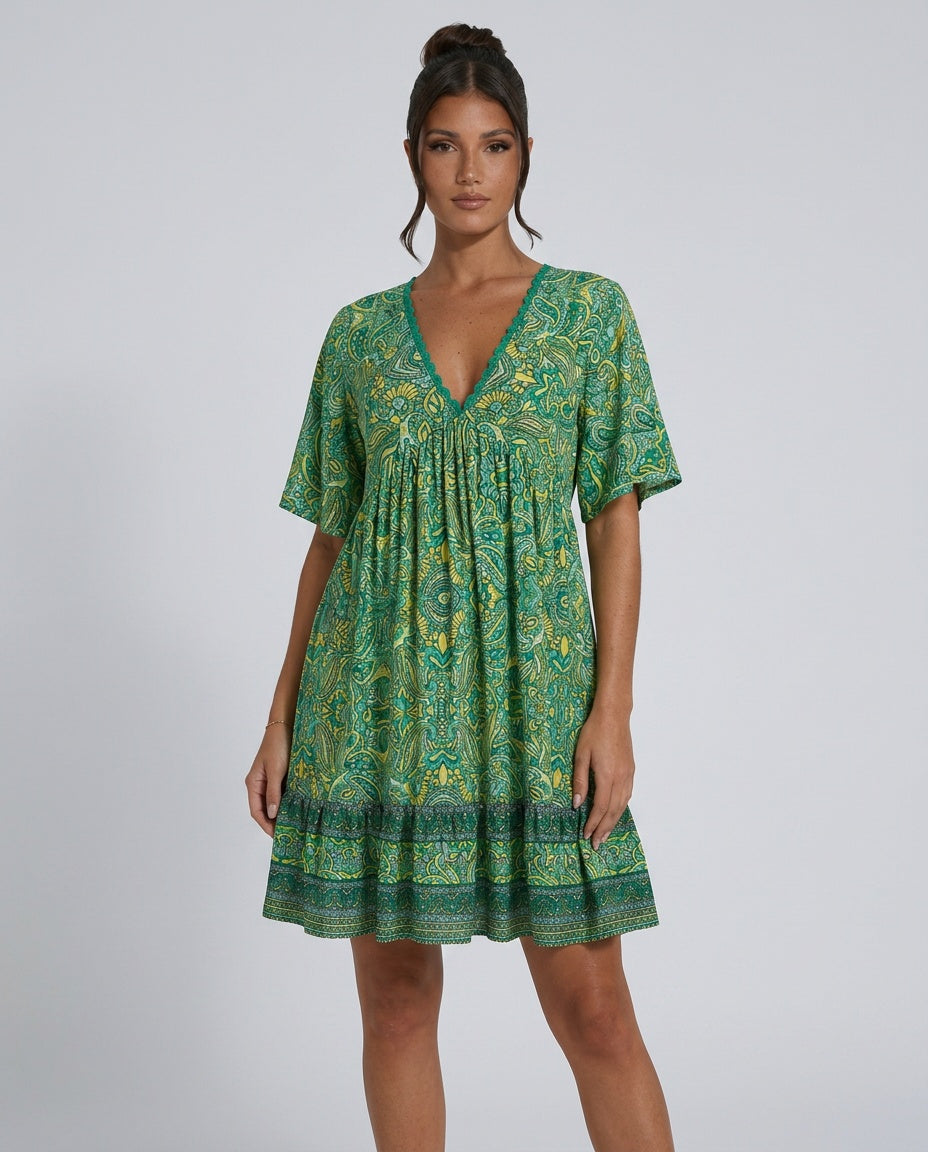 Priya | V-Neck All Over Print Boho Mini Dress