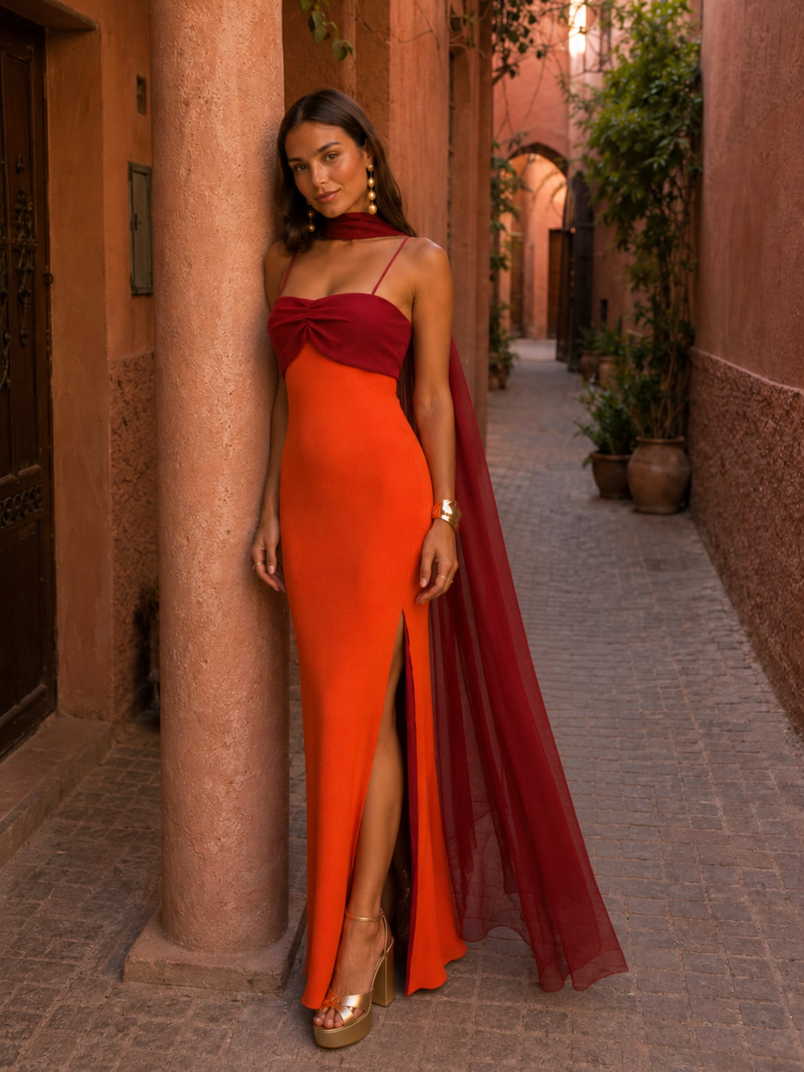 Isabela | Two-Tone Draped Strapless Maxi Dress with Scarf