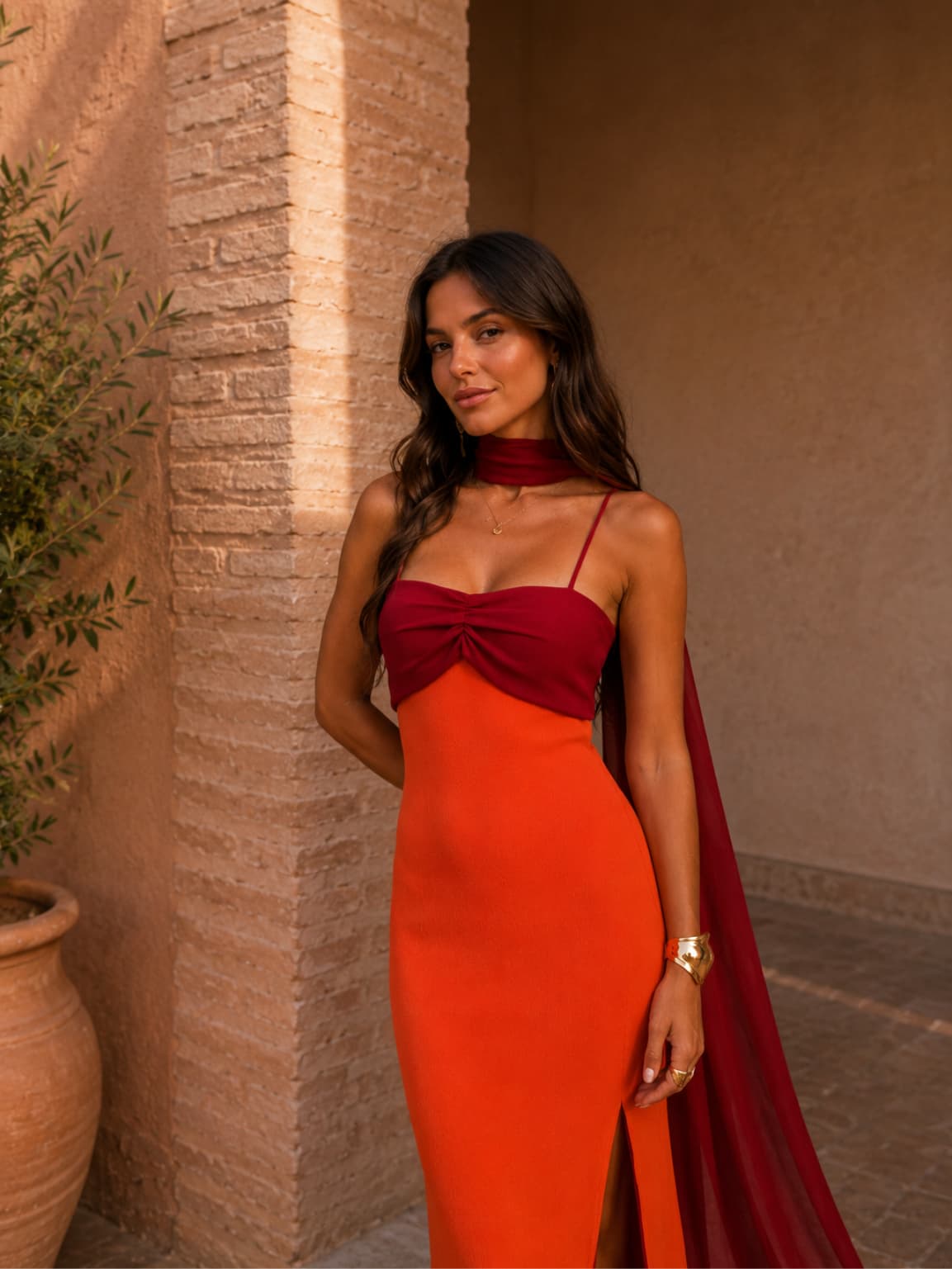 Isabela | Two-Tone Draped Strapless Maxi Dress with Scarf