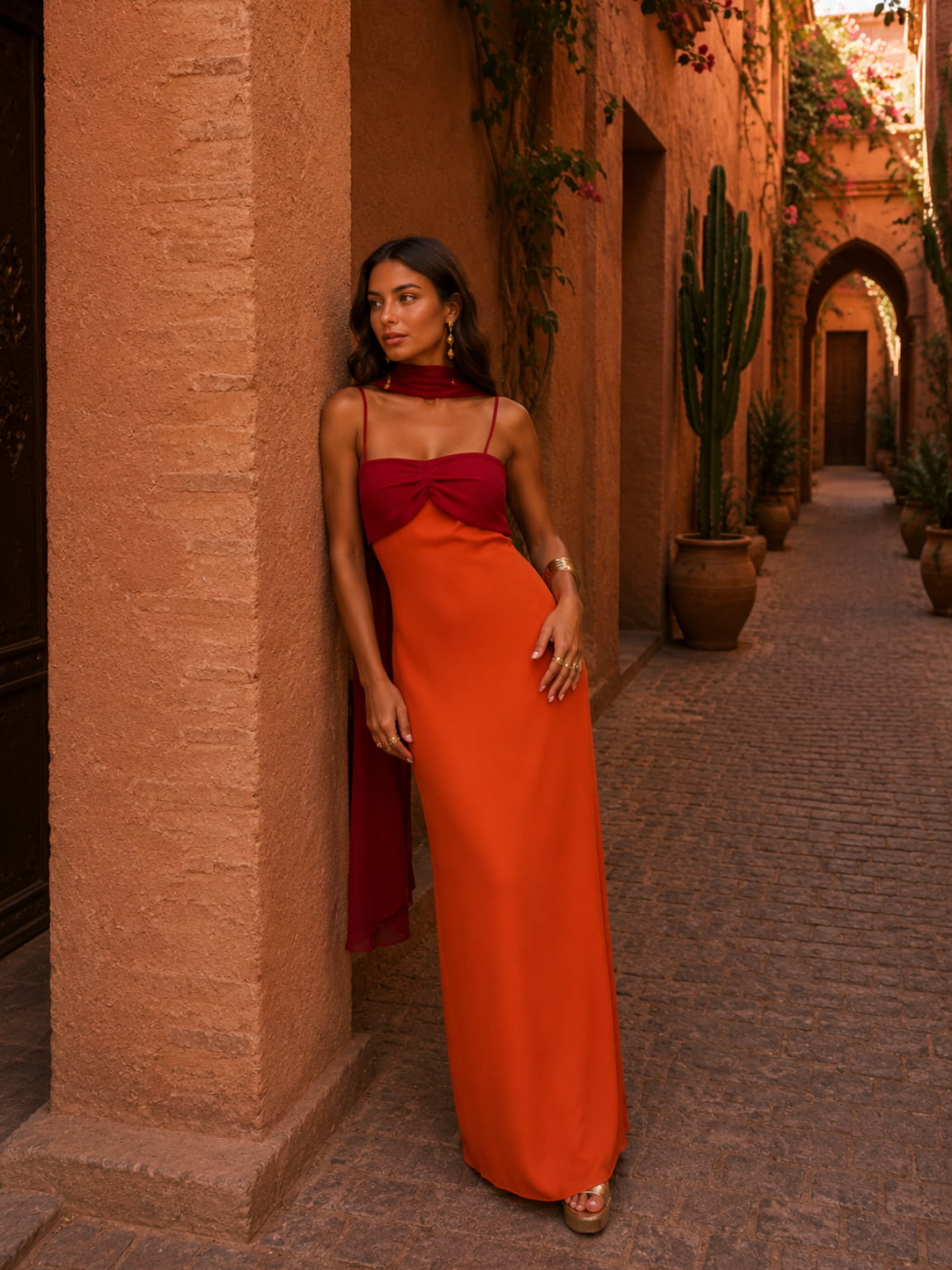 Isabela | Two-Tone Draped Strapless Maxi Dress with Scarf