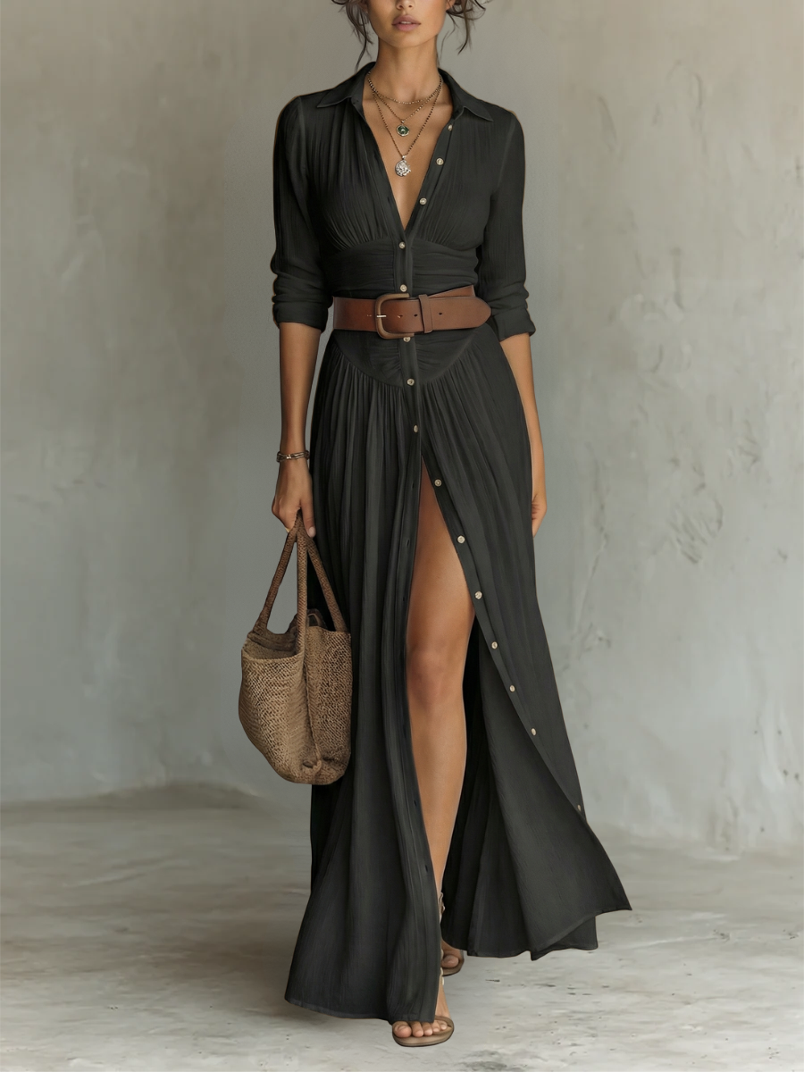 Kennedy | Notched Collar Long Sleeve Maxi Dress