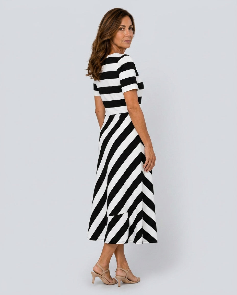 Chloe | Striped A-Line Split Neck Midi Dress