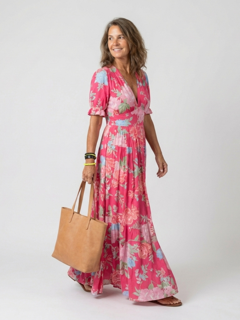 Josie | Short Sleeve V-Neck Floral Midi Dress