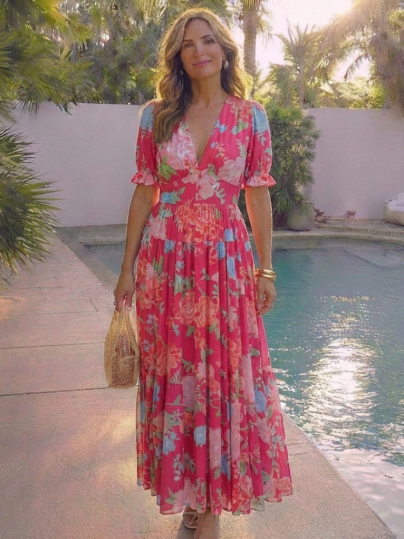 Josie | Short Sleeve V-Neck Floral Midi Dress