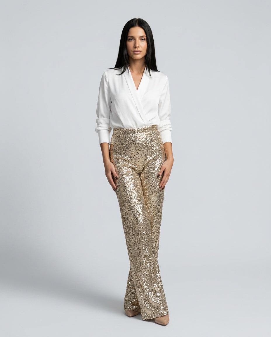 Clara | High Waist Sequin Straight Leg Trousers