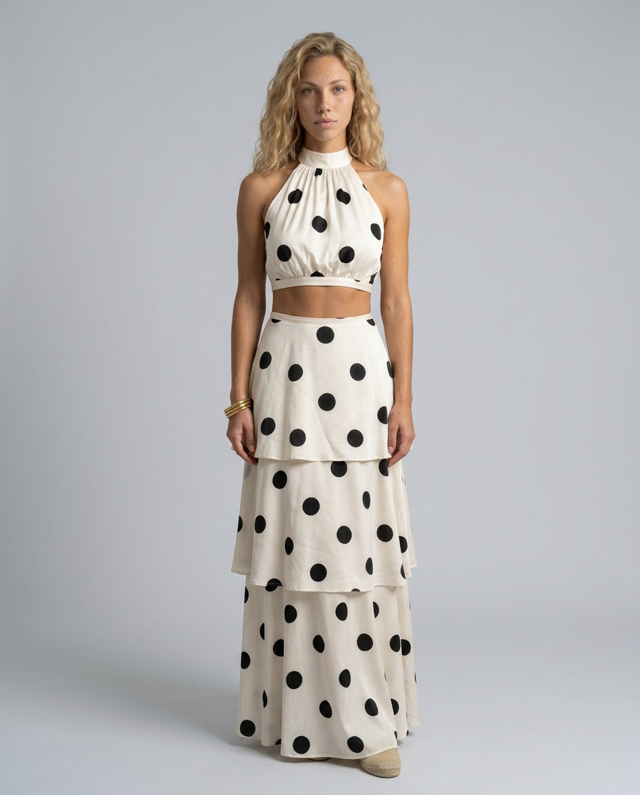 Lila | Polka Dot Sleeveless Crop Top & Maxi Skirt Set