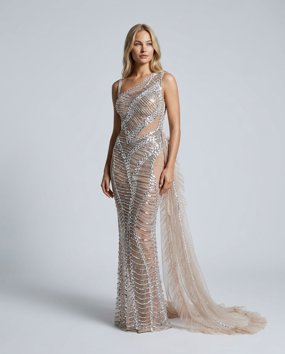 Lyda | Draped Cutout Sequin Mesh Midi Dress