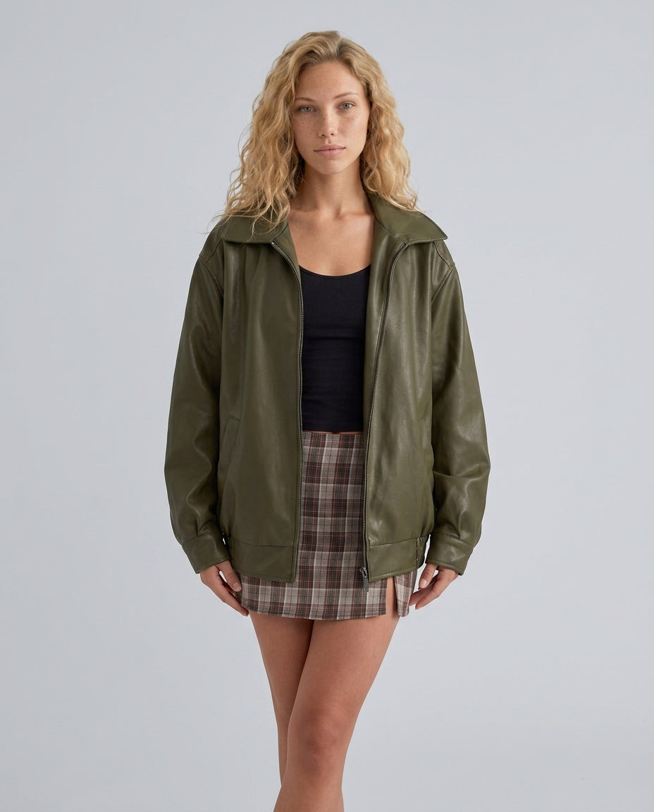 Zoé | Oversized Zip Front Faux Leather Bomber Jacket