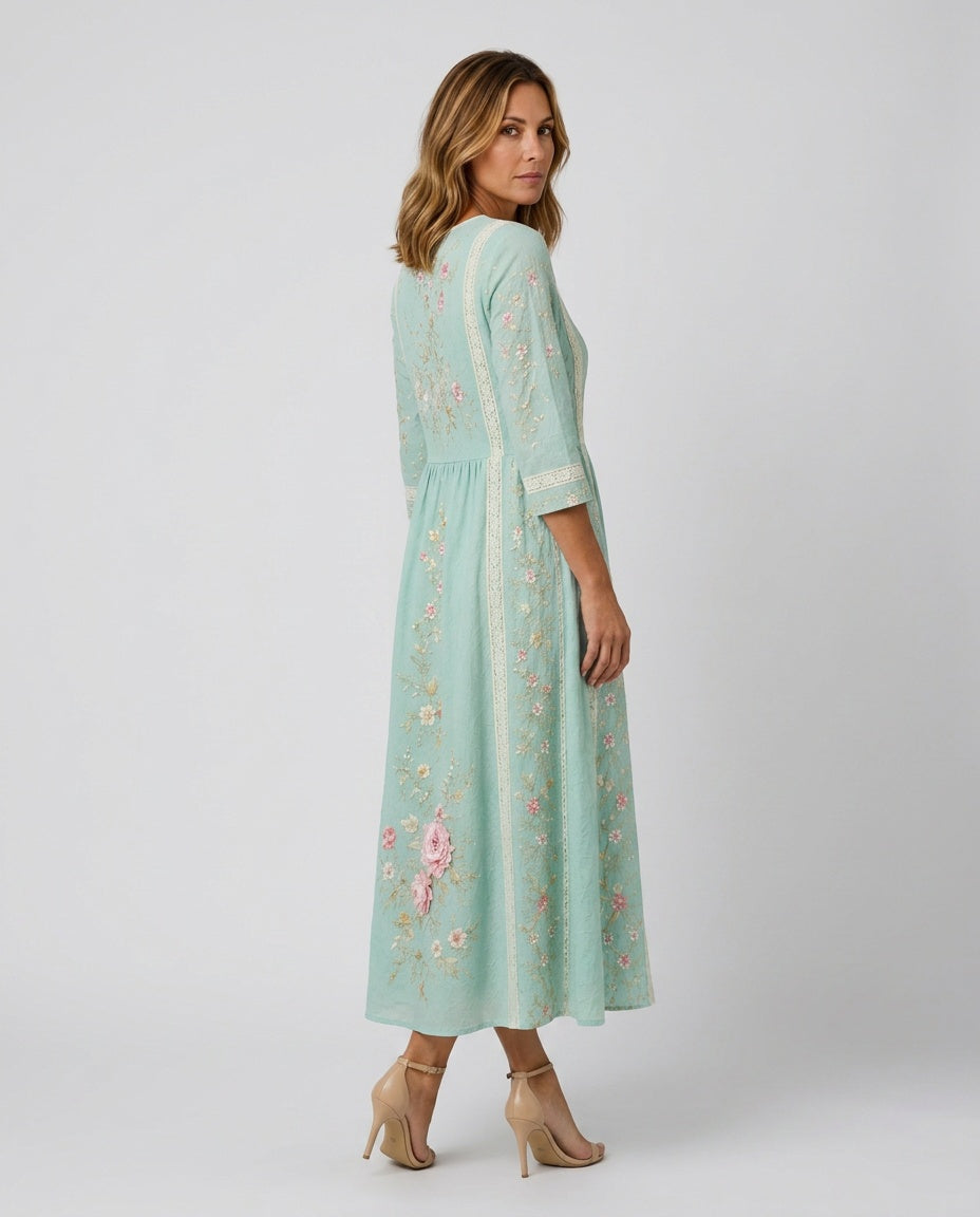Giselle | A-Line Rose Applique Maxi Dress with Pockets