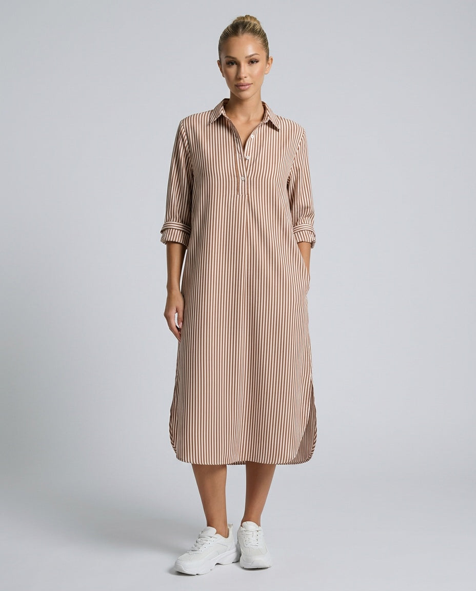 Isolde | Striped Long Sleeve Midi Shirt Dress