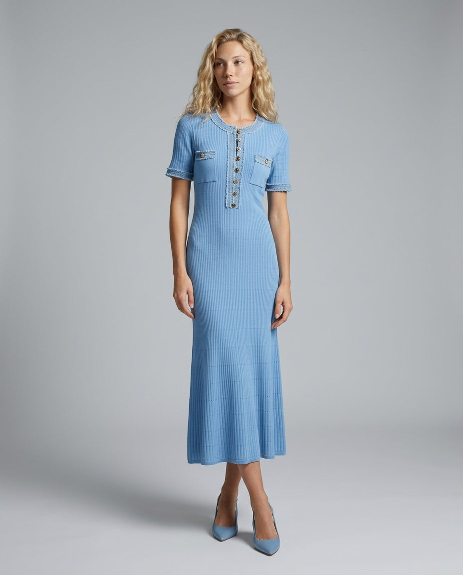 Denim & Knit | Button-Front Flared Midi Dress