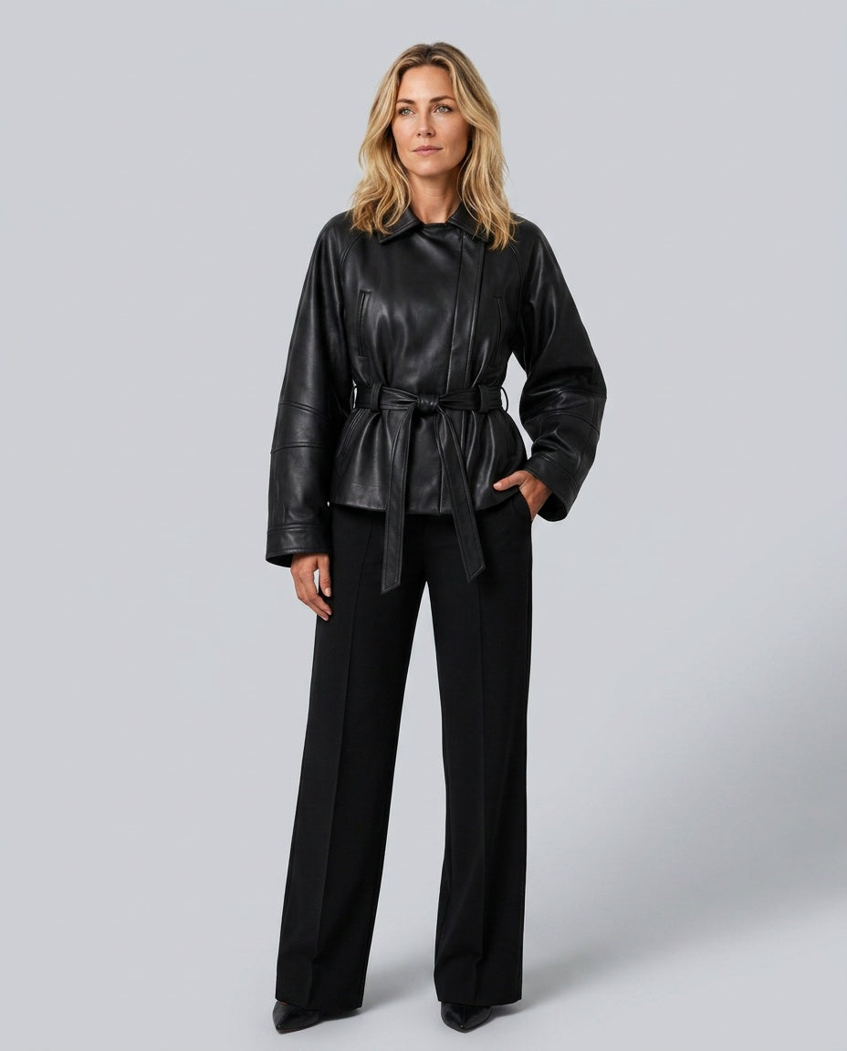 Giselle | Belted Zip-Front Faux Leather Jacket