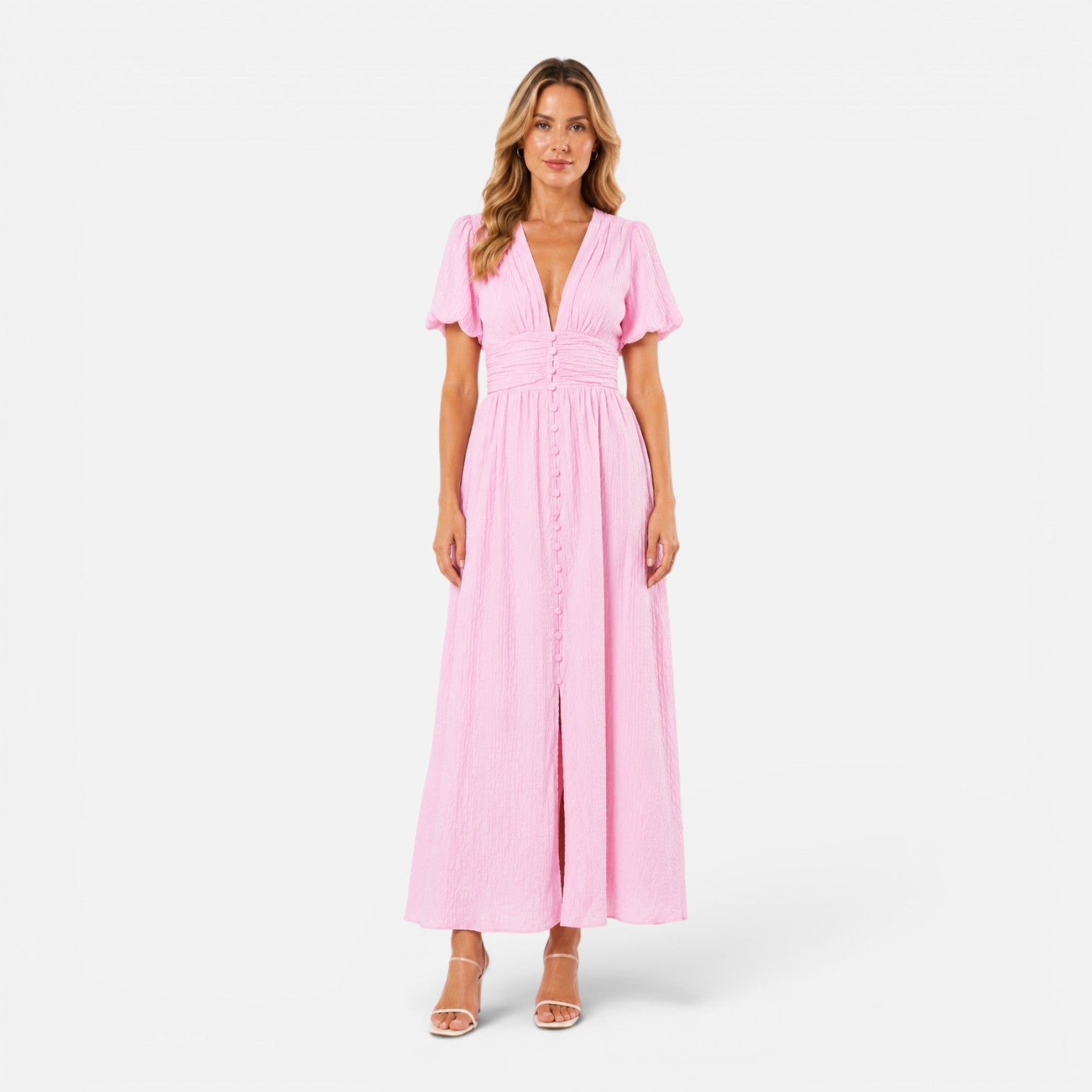 Everly | Deep V-Neck Puff Sleeve Formal Maxi Dress