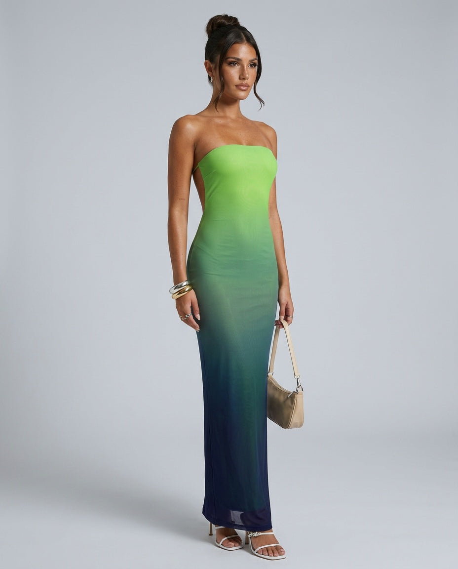 Delphine | Strapless Blue Green Ombre Maxi Dress
