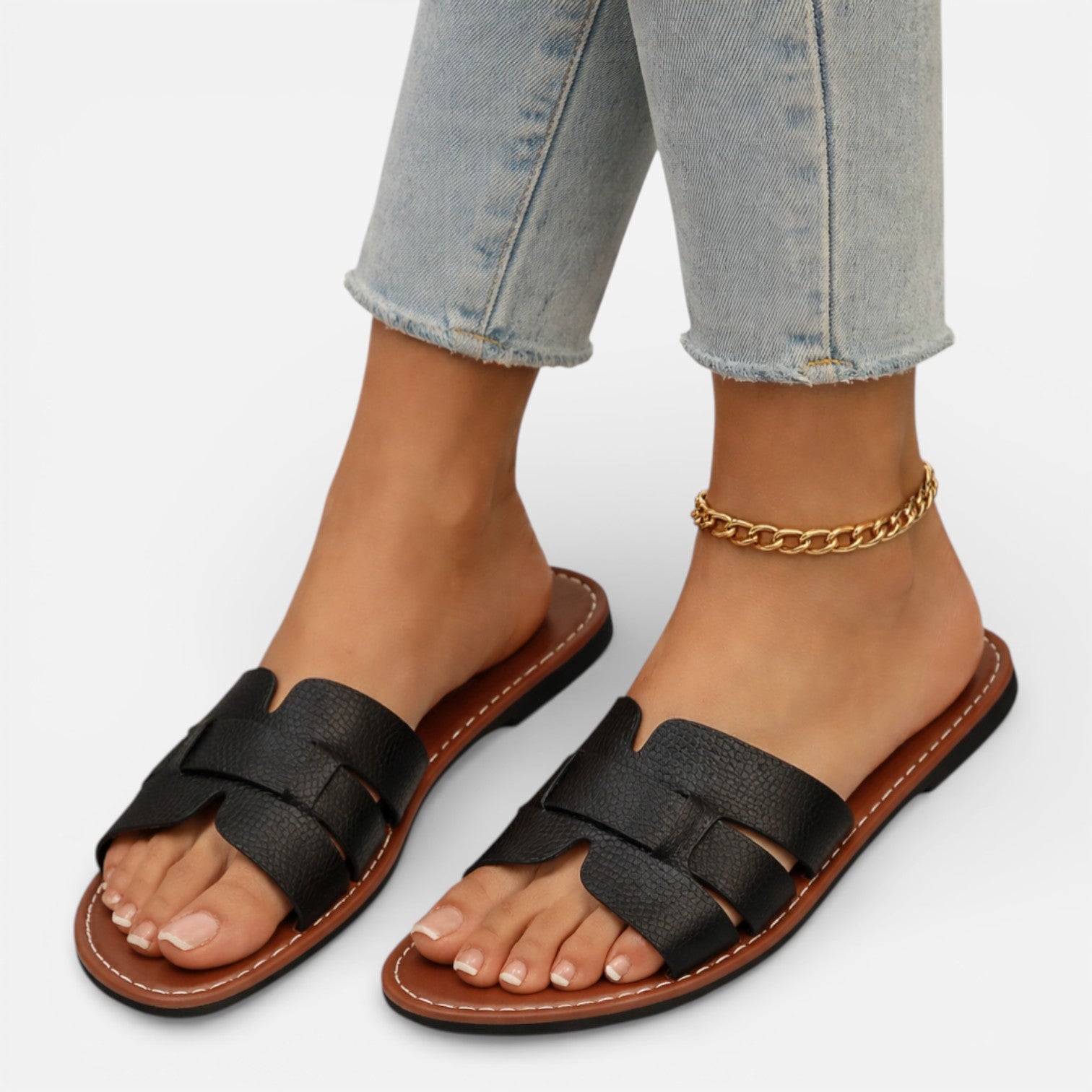 Esme | Cushioned Flat Leather Slide Sandals